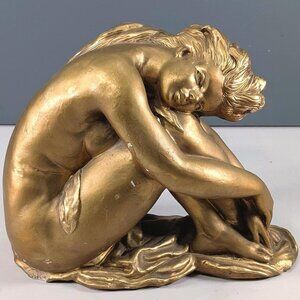 Vintage Chalkware Nude Female Figure, Gold Painted Plaster Semi-Nude Woman